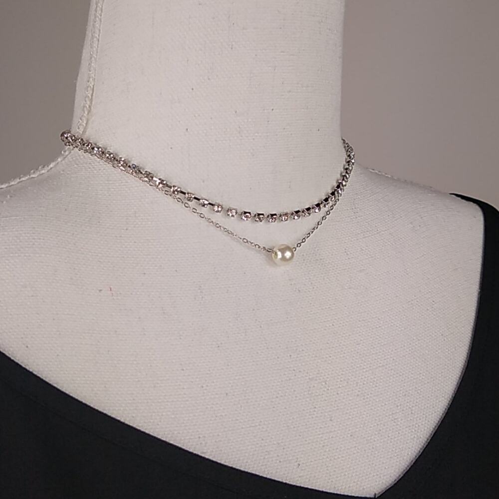 Silver Double Layer Rhinestones Single  Faux Pearl